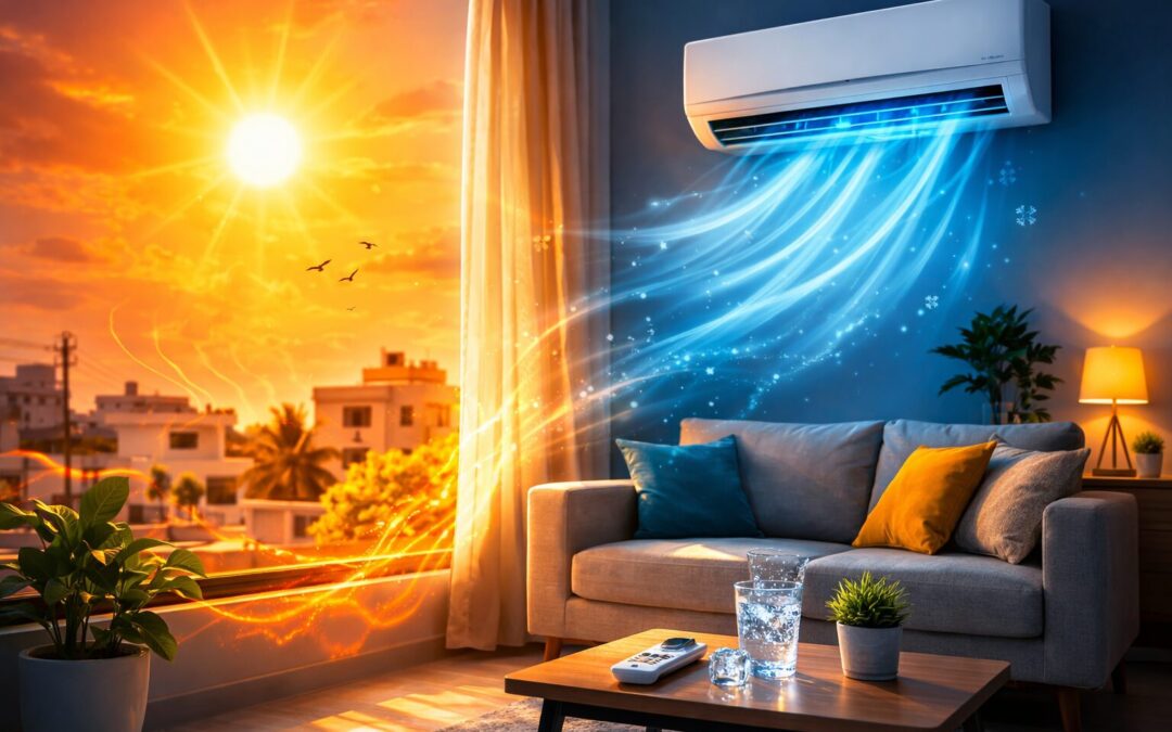 Air conditioner cooling a living room while intense summer heat and sunlight shine outside during a heatwave in Telangana and Andhra Pradesh