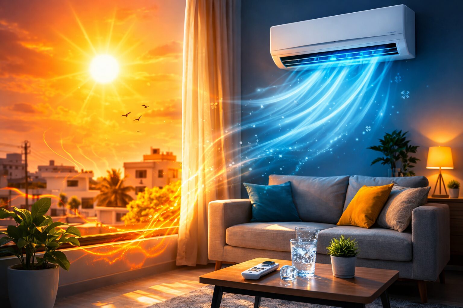 Air conditioner cooling a living room while intense summer heat and sunlight shine outside during a heatwave in Telangana and Andhra Pradesh